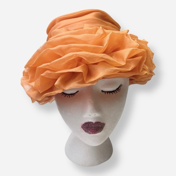 Vintage Evelyn Varon Hat Bucket Union Made USA Lampshade‎ Orange Ruffle Bow main image 5